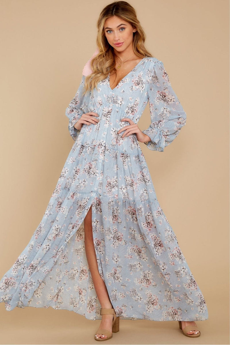 Puff Sleeve V-neck Ruffle Hem Maxi Dress Blue