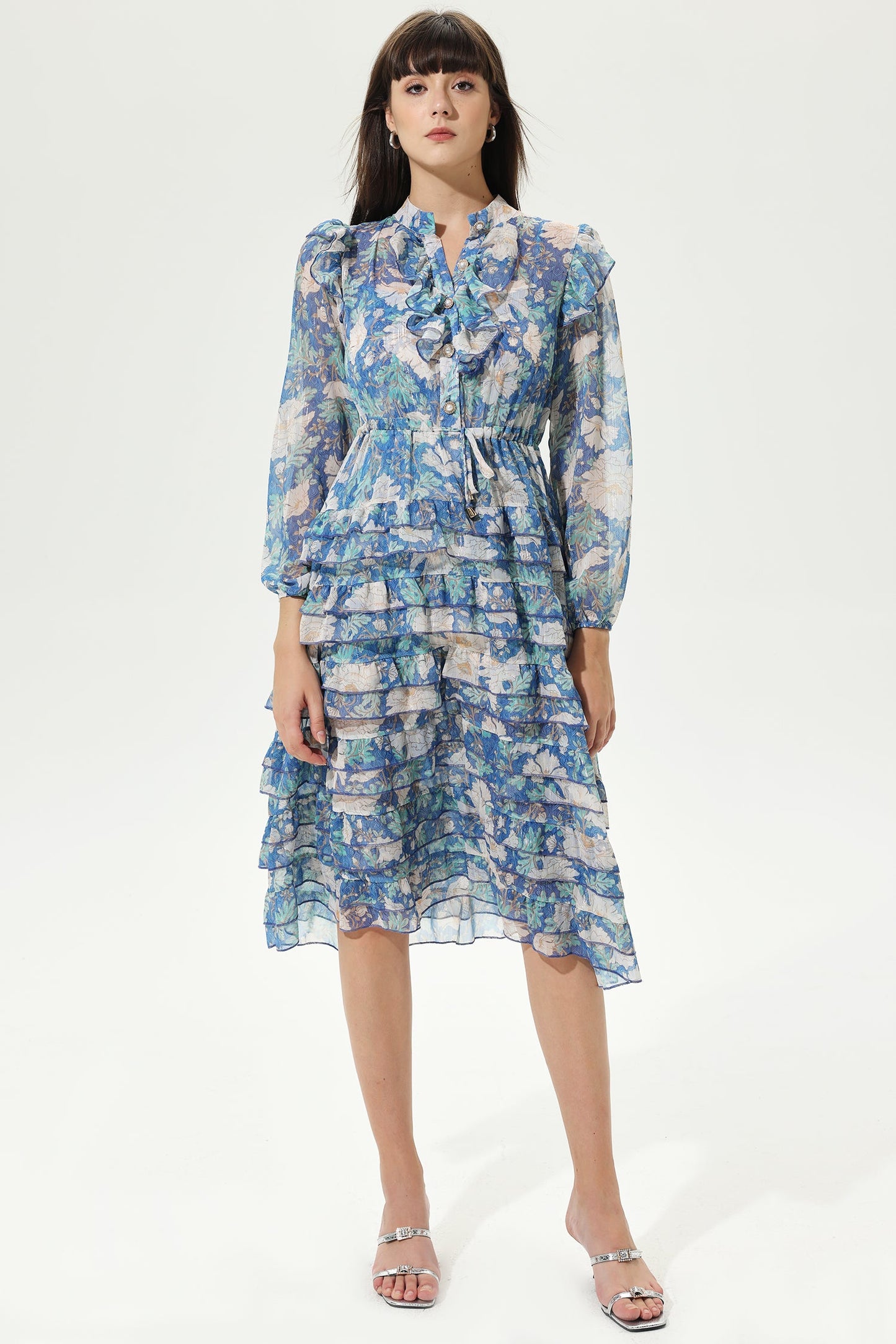 Printed Long Sleeve Layered Ruffle Hem Lace Up Midi Dress