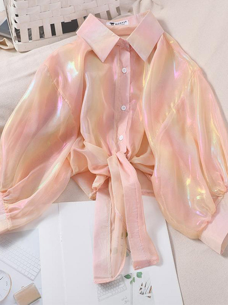 Buttoned Up Shirt Shirts Half Sleeve Shinning Sparkles Tied Waist Blouses for Autumn