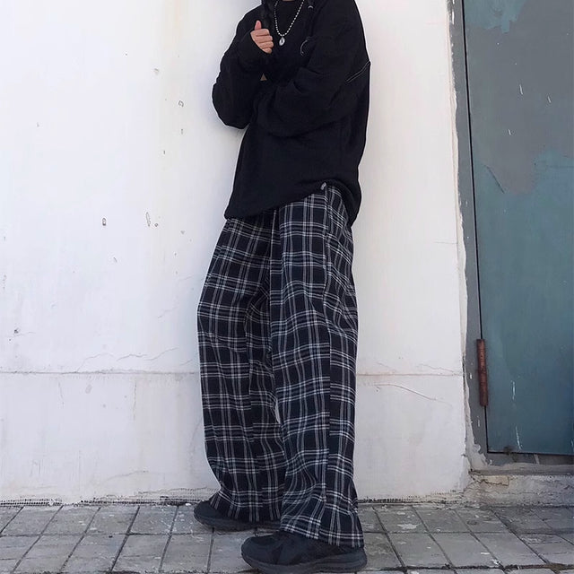 Oversize Pants Sweatpants Summer Black Plaid Pants Elastic Waist Pockets Student Trousers