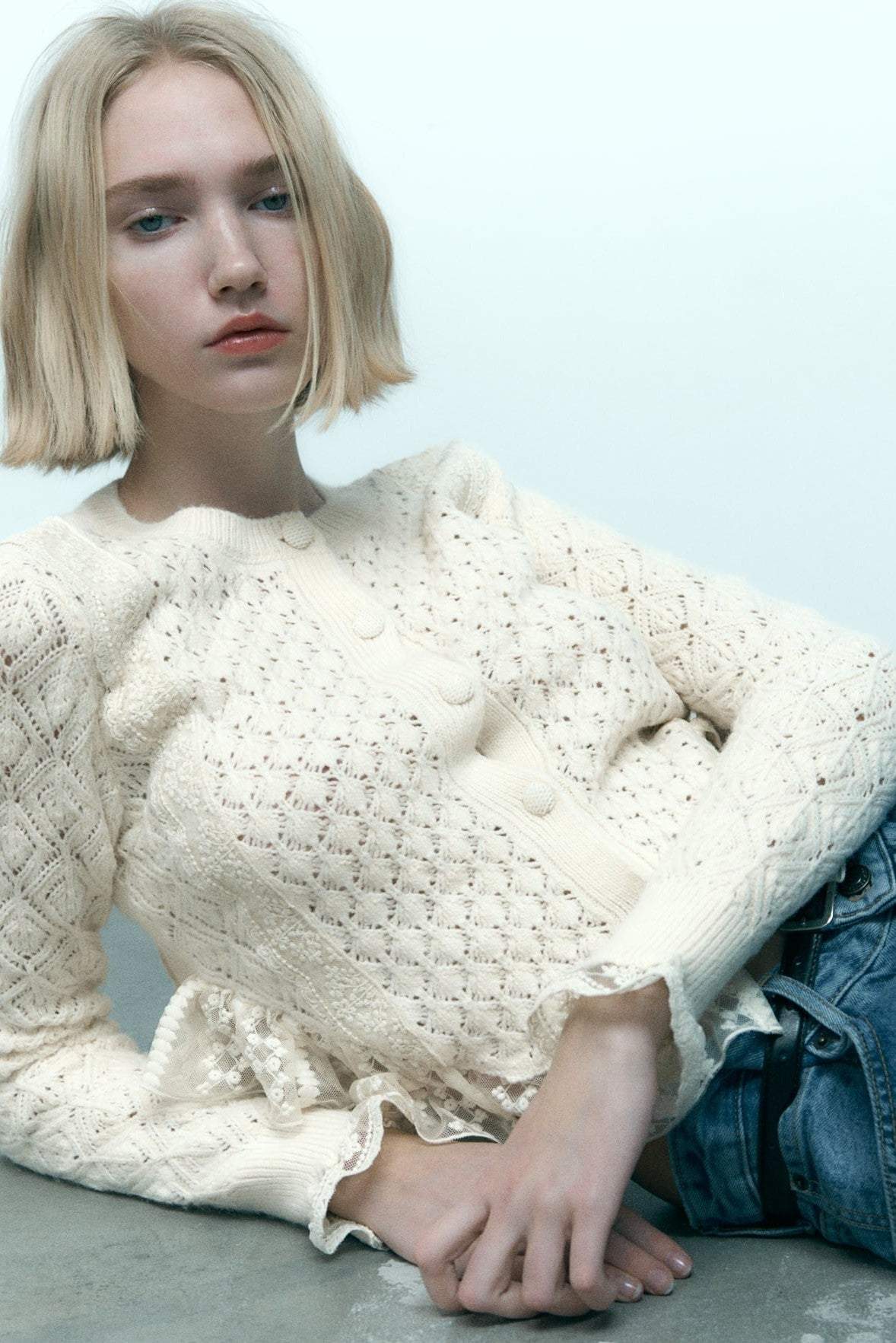 Cropped Knit Buttoned Lace Trim Cardigan White