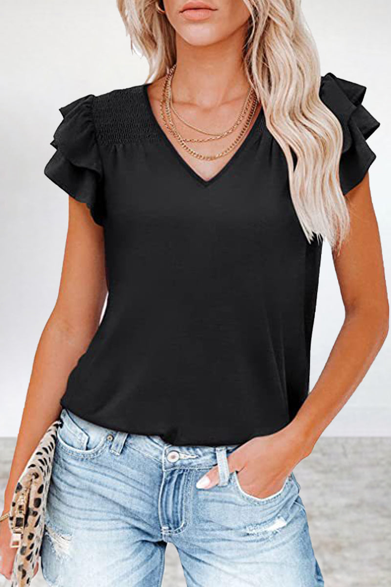 Simplicity Flounce V Neck T-shirts(5 Colors)