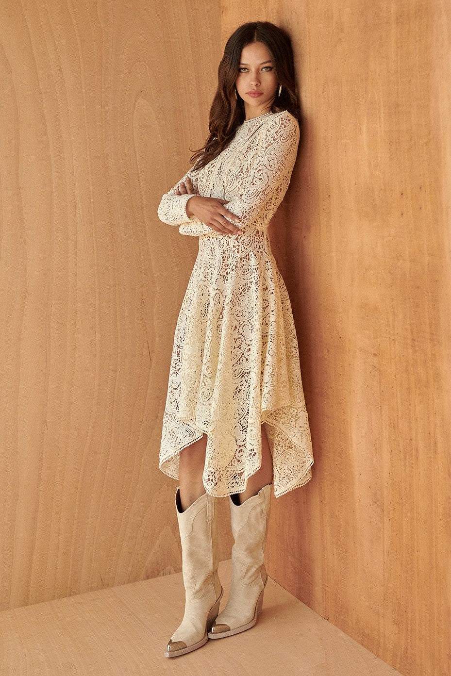 Lace Cut-out Long Sleeve Midi Dress