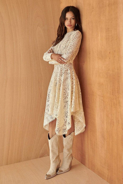 Lace Cut-out Long Sleeve Midi Dress