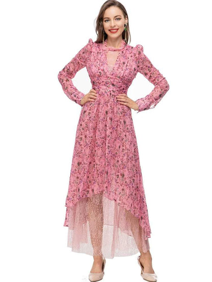Printed Lamb's Leg Sleeve Round Collar Lace Waist Irregular Midi Dress