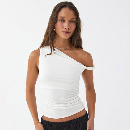 Simple Basic Summer Tank Top Sleeveless Color Off Shoulder Side Ruched Crop Tops Vestidos Spring T S – Sleeveless Color Off Shoulder Crop Top