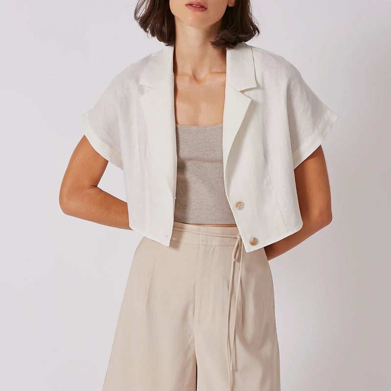 Summer French Cotton Linen Short Collared Shirt Urban Design Pure Linen Short Sleeve Tup Cardigan