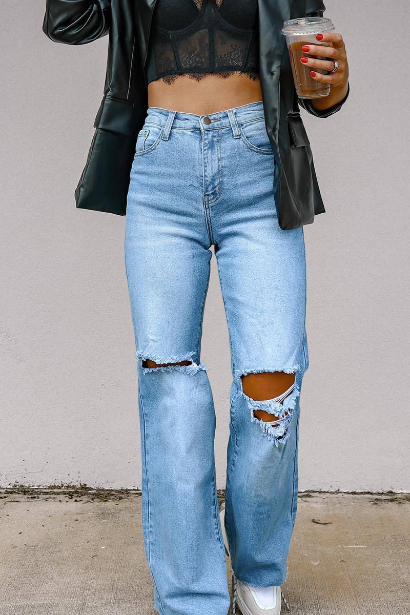 Street Ripped High Waist Regular Denim Jeans
