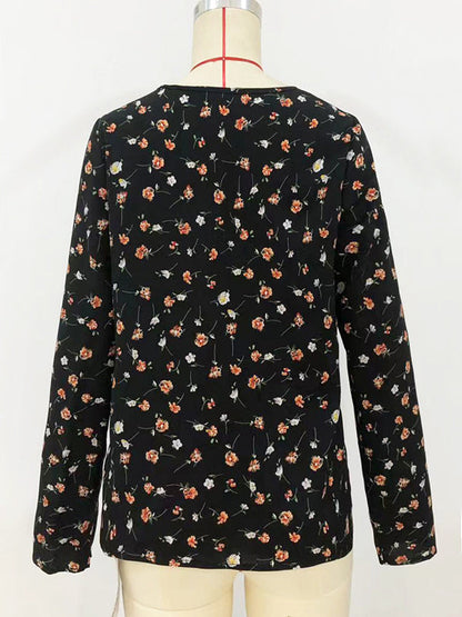 Long Sleeves Loose Flower Print Round-neck Blouses&shirts Tops