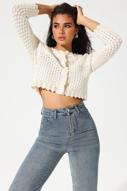 Long Sleeve Buckle Knit Cardigan Beige
