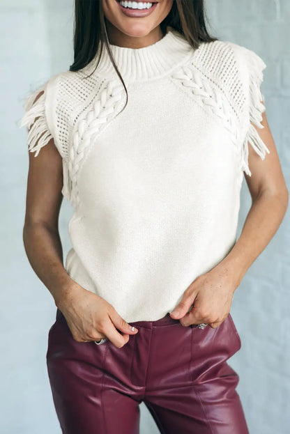 White Tasseled Sleeveless Sweater Vest