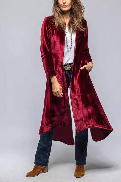 Velvet Long Loose Pocket Slit Coat