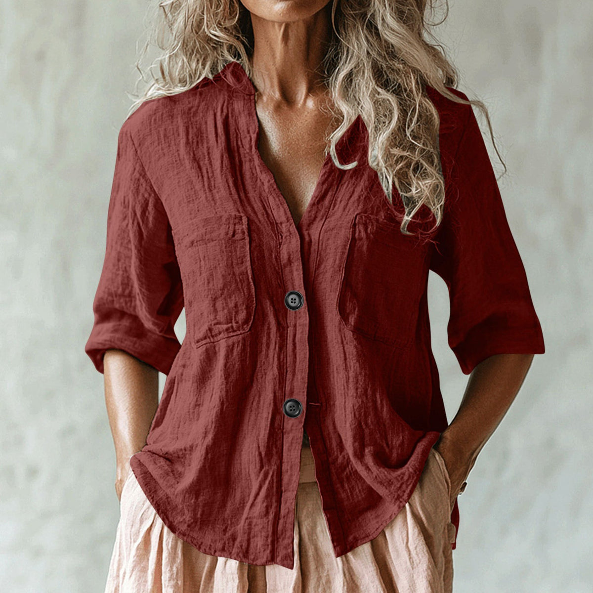 Women's Vintage Solid Color Multiple Pockets Linen Shirt artswardrobe