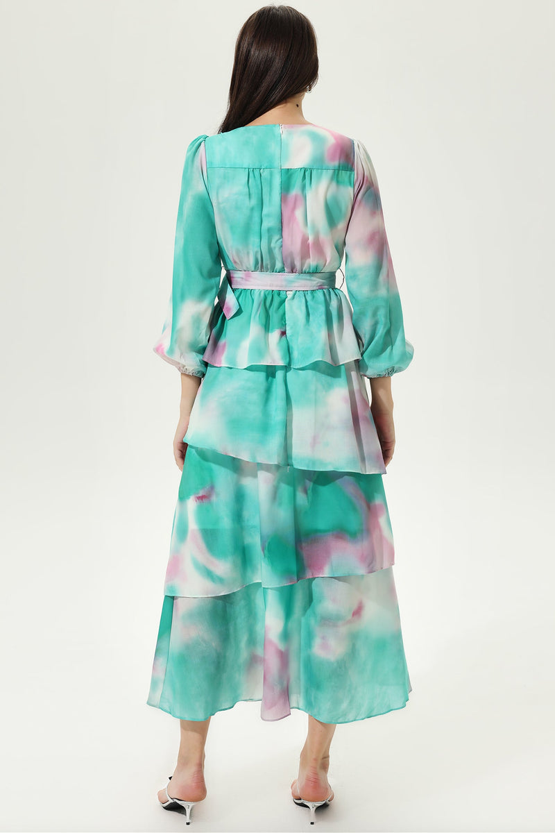 Tie-dye Lantern Sleeve V-neck Layered Hem Midi Dress