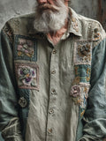 Boho Vintage Floral Patchwork Art Men's Linen Long Sleeve Shirt artswardrobe