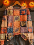 Women's Fall Patchwork Pumpkin Print Crew Neck Sweatshirt artswardrobe