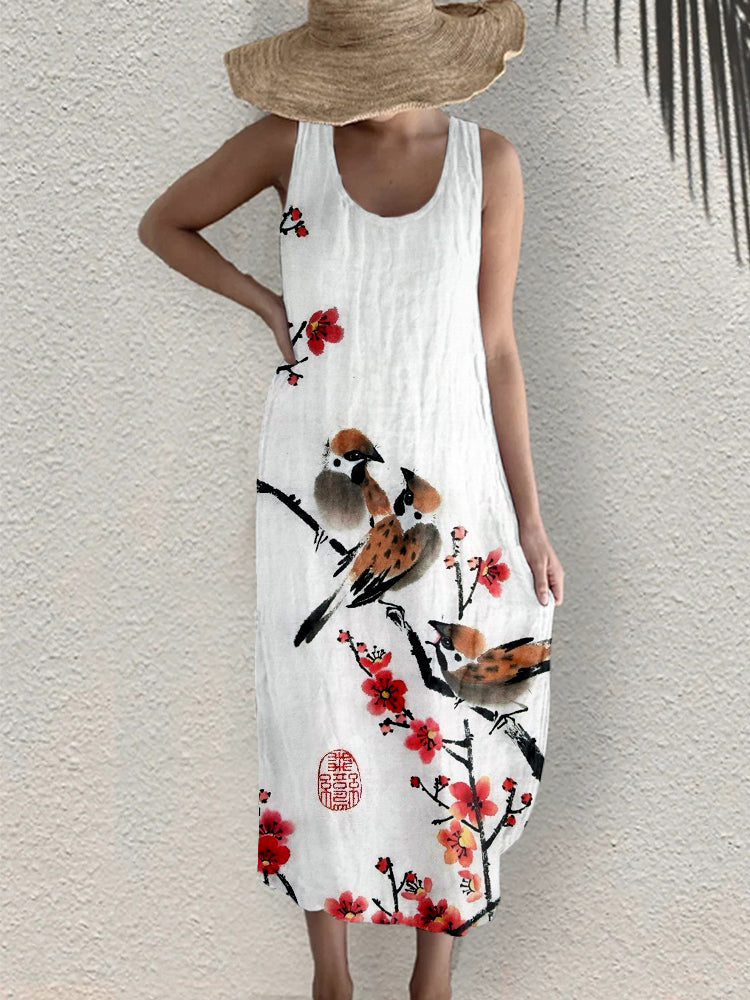 Comstylish Cute Birds& Plum Blossom Linen Blend Midi Dress