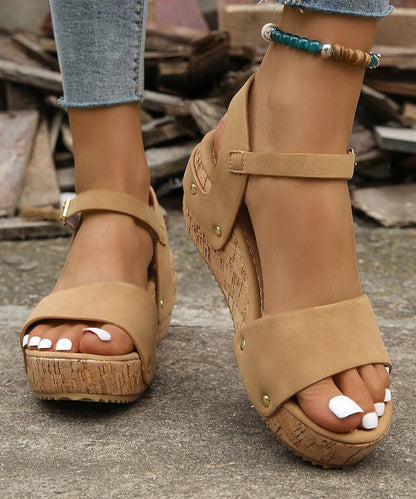 European and American Style Wedge Sandals Khaki Faux Leather Uu014