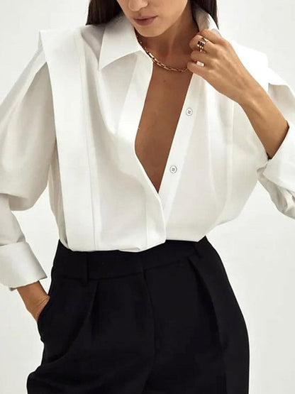 Long Sleeves Loose Buttoned Color Lapel Blouses&shirts Tops