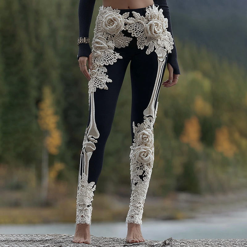 Vintage Halloween Skeleton Bones With Rose Art Cozy Knit Leggings artswardrobe