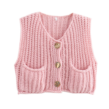 Large Buttons Color Knit Vest Cardigan