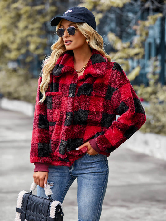 Bust Pocket Plaid Fleece Coat - Red