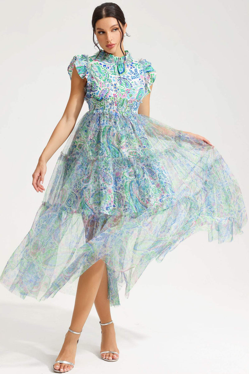 Flutter Sleeve Crew Collar Tapered Waist Midi Dress Green