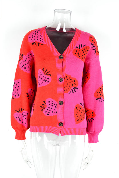 Autumn Winter ’s V-neck Strawberry Cardigan With Buttoned Coat