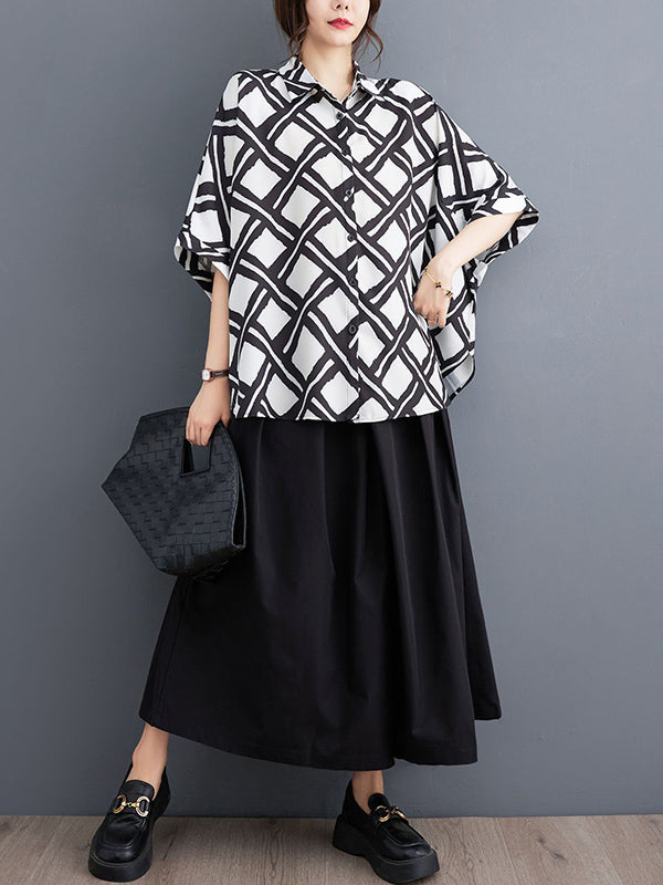 Batwing Sleeves High-low Buttoned Plaid Printed Lapel Blouses&shirts Tops