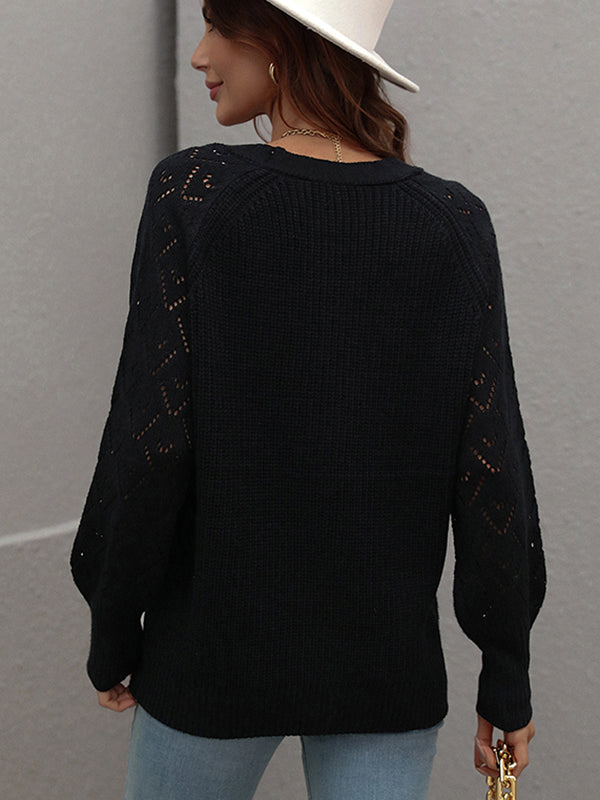 Long Sleeves Loose Color V-neck Cardigan Tops
