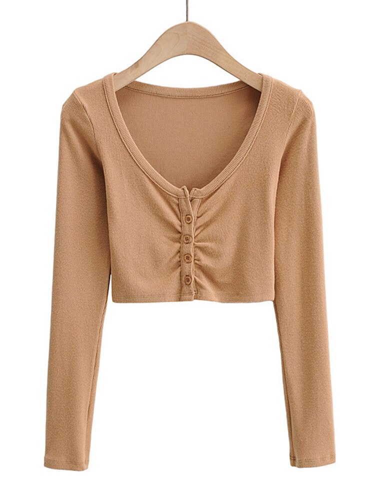 Slim V-neck Long Sleeve Bottomed Tops and Blouses High Street Color Open Navel Cardigan