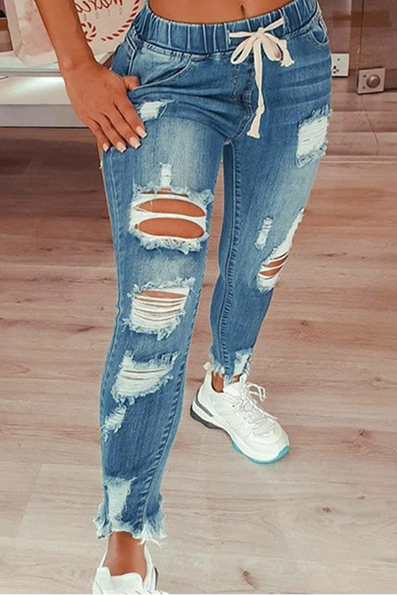 Street Ripped Draw String Skinny Denim Jeans(4 Colors)