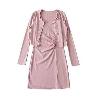 Pure Suit Autumn Winter Short Slim Long Sleeve Cardigan Inner Wear Pleated Cami Dress