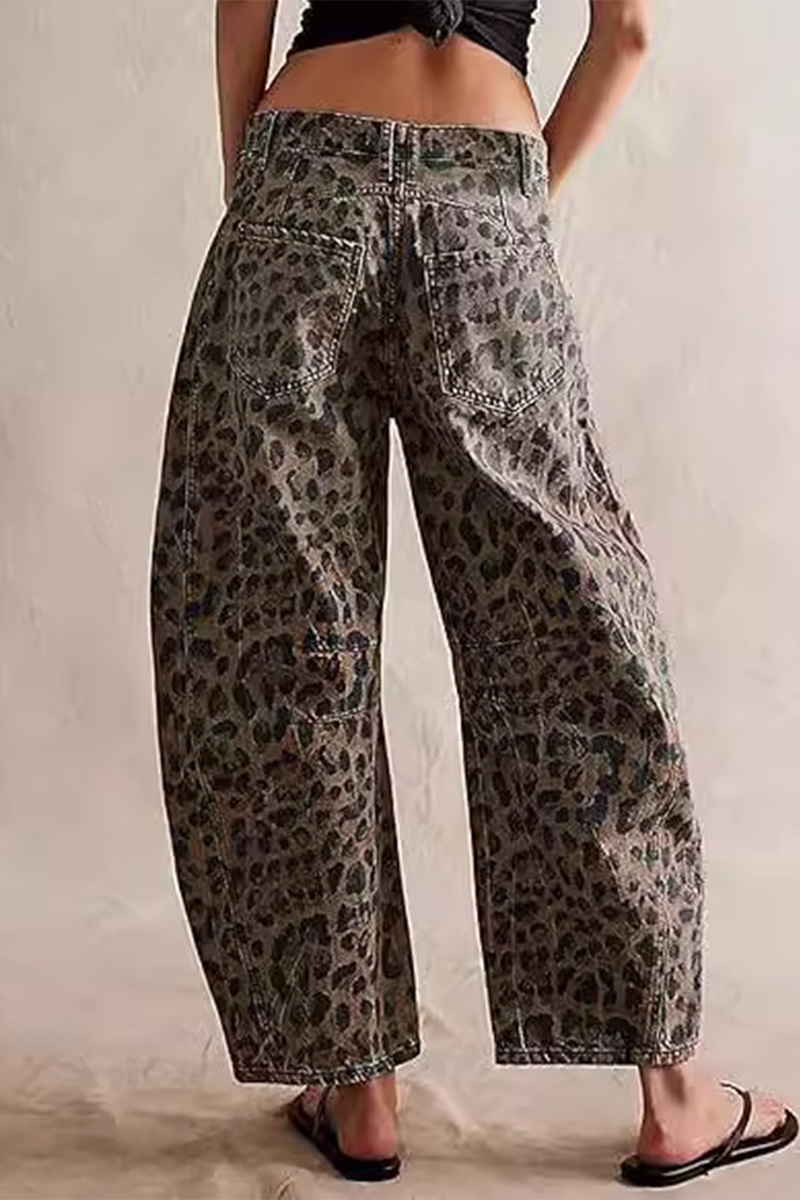 Street Leopard Pocket Mid Waist Loose Denim Jeans
