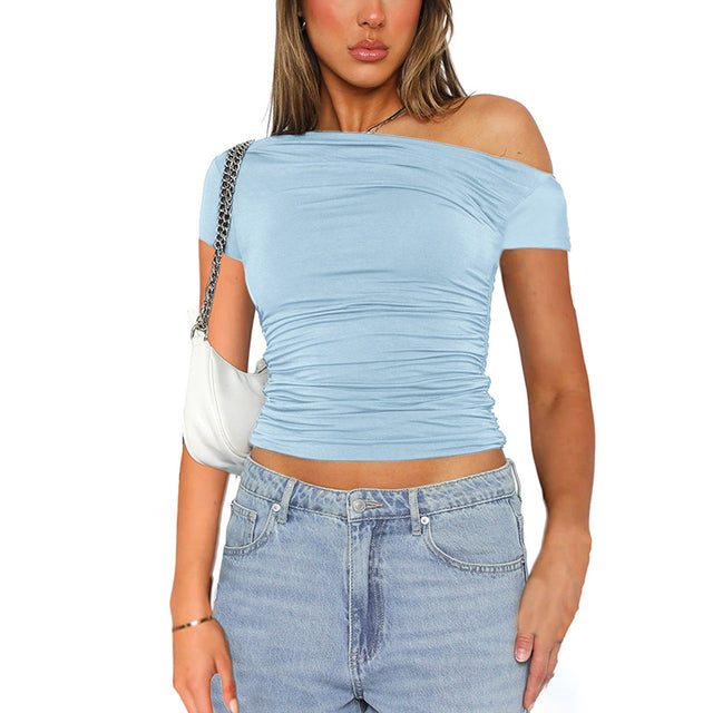 High Elasticity Fabric Color Slash Shoulder Short Sleeve Pleated Navel Reveal Top Tops for