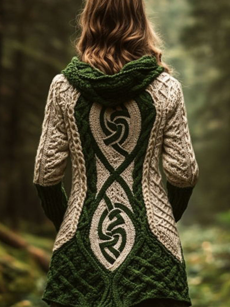 Women's Celtic Knot Contrast Color Cozy Knit Hooded Cardigan elevenforest