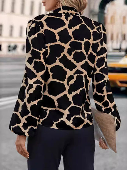 Loose Puff Sleeves Printed Split-joint Streamer V-neck Blouses