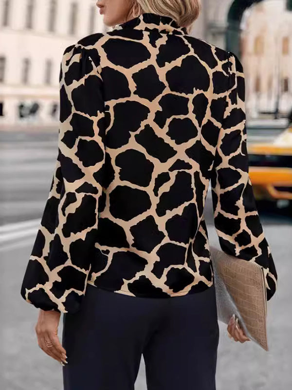 Loose Puff Sleeves Printed Split-joint Streamer V-neck Blouses
