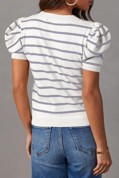 Stripe Ruched Weave O Neck T-shirts(5 Colors)