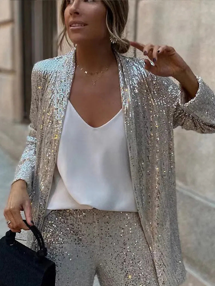 Tossy Sequin 2 Piece-set Straight Leg Slim Glitter Patchwork Suit Outwear and Pants Sets