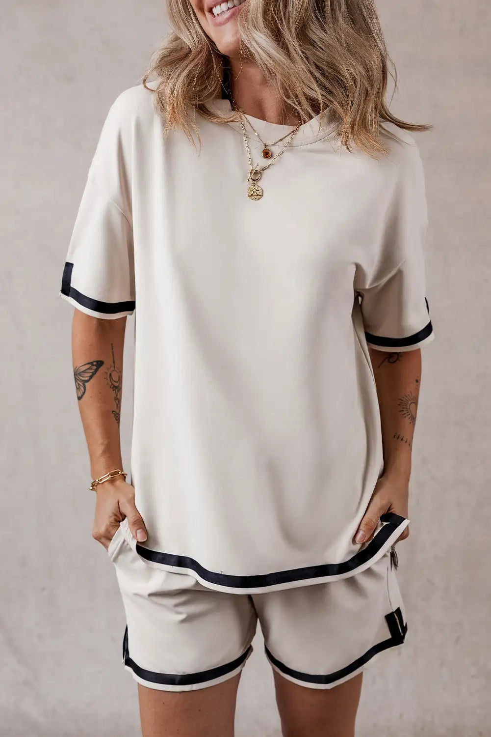 Apricot Color Block Tee and Shorts Set