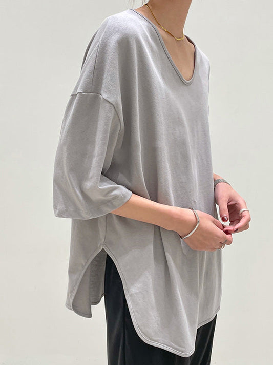 Loose Split-side Color V-neck T-shirts Tops