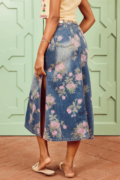 Casey Flower Print Denim Pencil Skirt