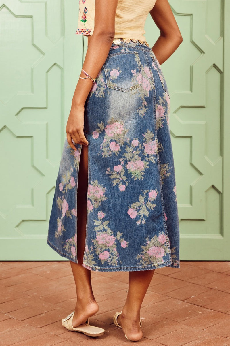 Casey Flower Print Denim Pencil Skirt