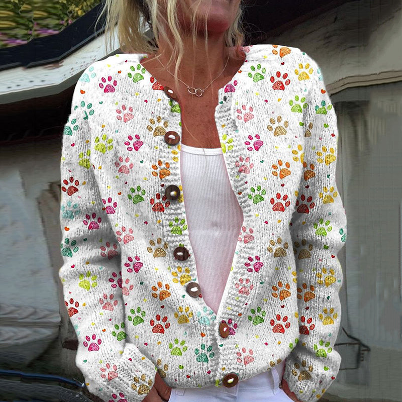 Comstylish Dog Paw Print Long Sleeve Casual Knitted Cardigan