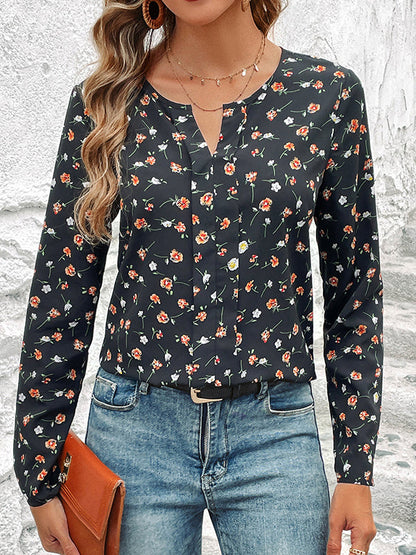 Long Sleeves Loose Flower Print Round-neck Blouses&shirts Tops