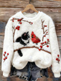Lovely Cat & Cardinal Berry Branch Snowflakes Cozy Plush Sweatshirt