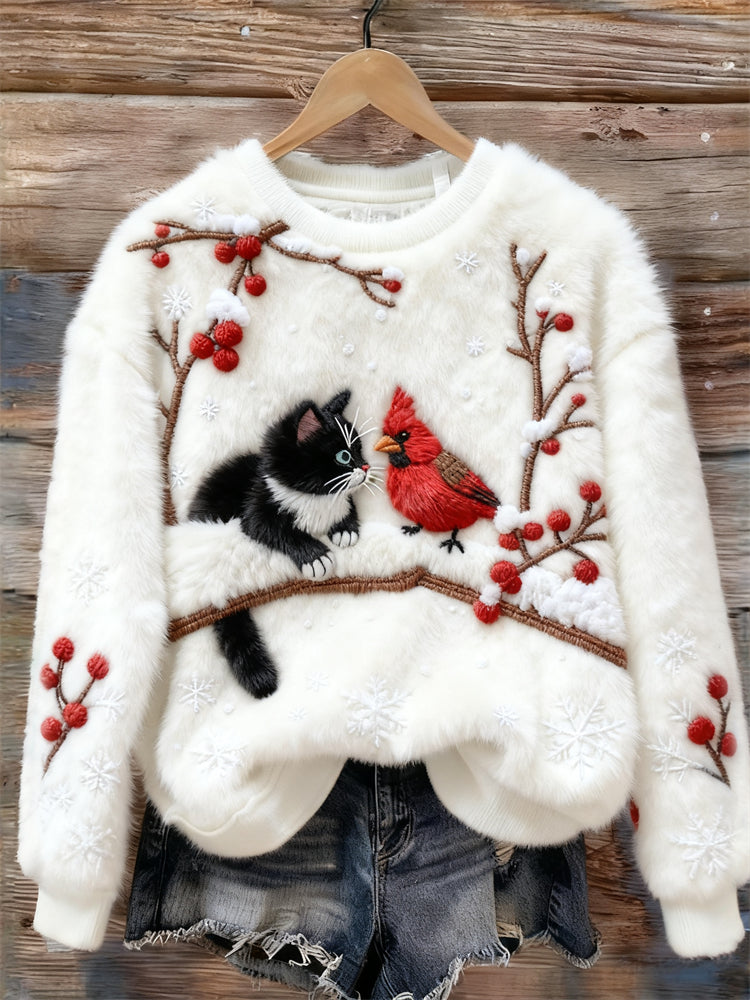 Lovely Cat & Cardinal Berry Branch Snowflakes Cozy Plush Sweatshirt