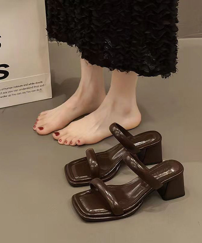 French Silver Chunky Heel Slide Sandals Peep Toe Oi043