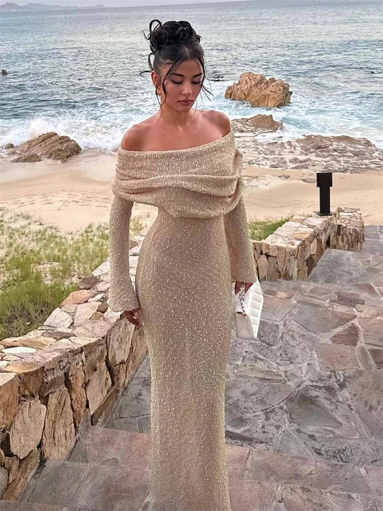 Tossy Knit Hollow Out Off-shoulder Maxi Dress Female Cover Up Loose Long Sleeve Holiday Beach Party Dress Knitwear Dress